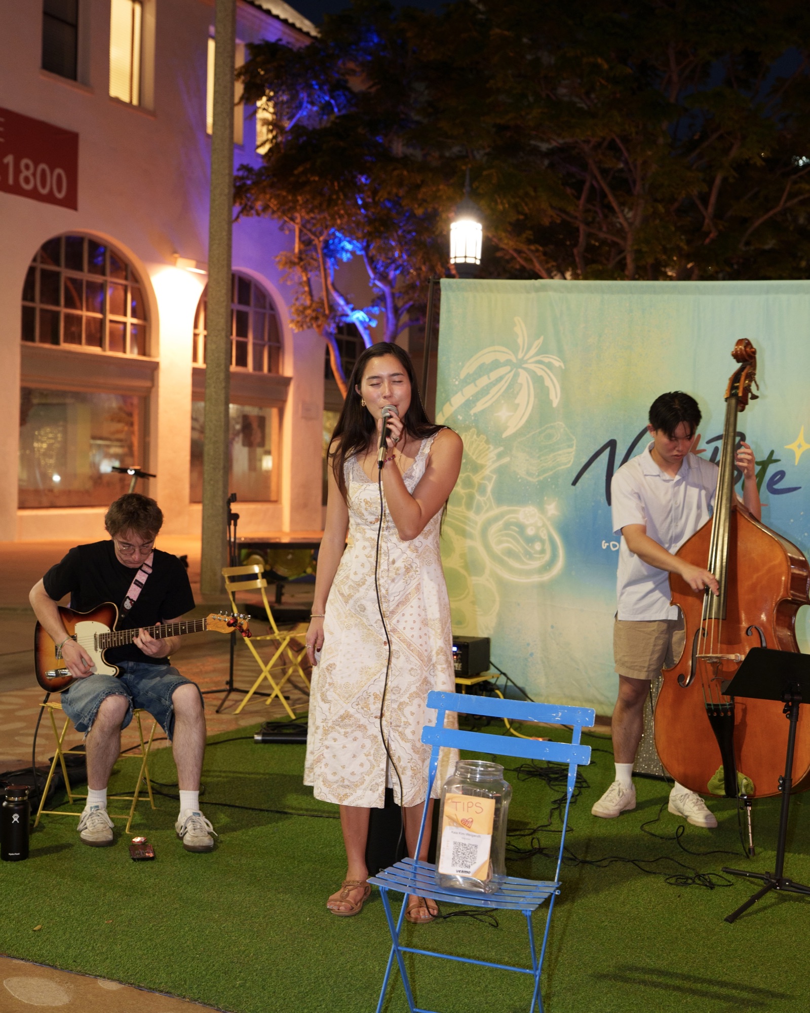 A singer performing with a guitarist and upright bass player
