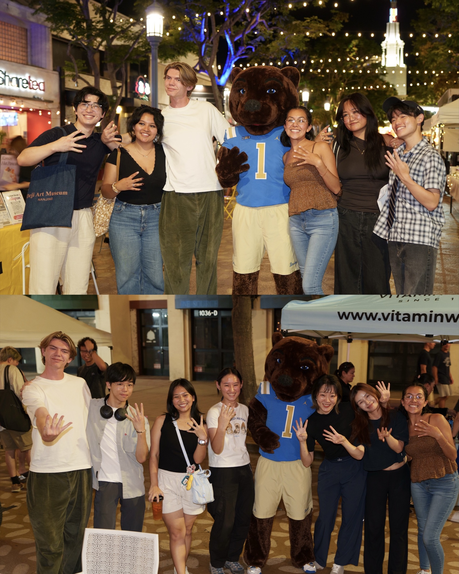 Two group photos with the bear mascot under the plaza lights