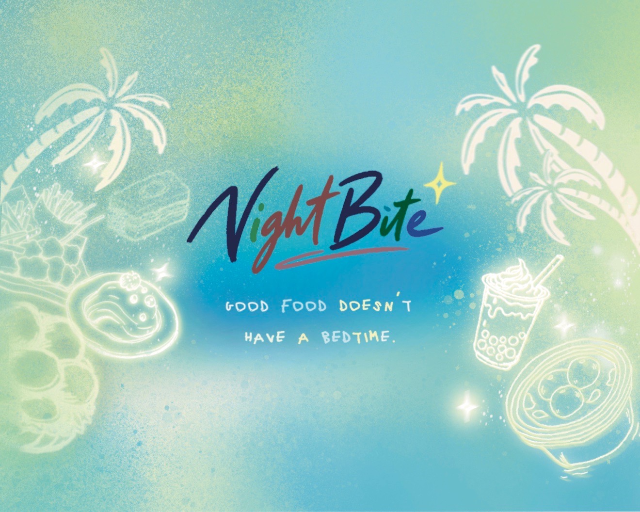 NightBite’s original blue-green artwork with glowing palm trees, street food illustrations, and its handwritten logo